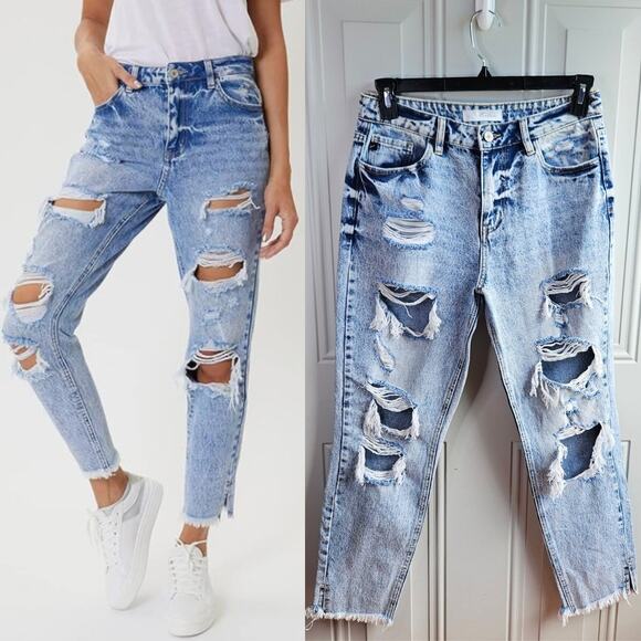 Kancan High Rise Distressed Frayed Hem Mom Jeans KC5201M Acid Wash Size 7/27 - Picture 1 of 15